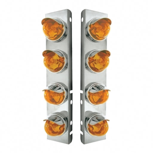 Peterbilt Stainless Front Air Cleaner Bracket w/ Eight Glass Original Lights & Stainless Visors - Dark Amber Lens