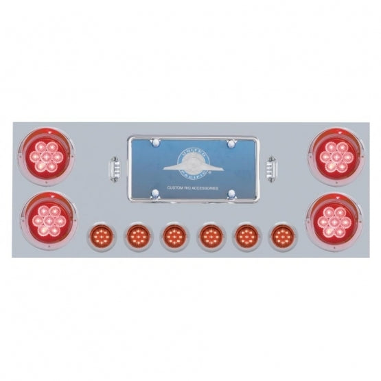 Stainless Rear Center Panel W/ Four 7 LED 4" Reflector Lights & Six 9 LED 2" Lights & Visors - Red LED/Red Lens